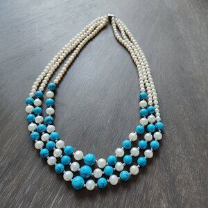 Three Strand Pearl & Turquoise & Silver Cascade Necklace